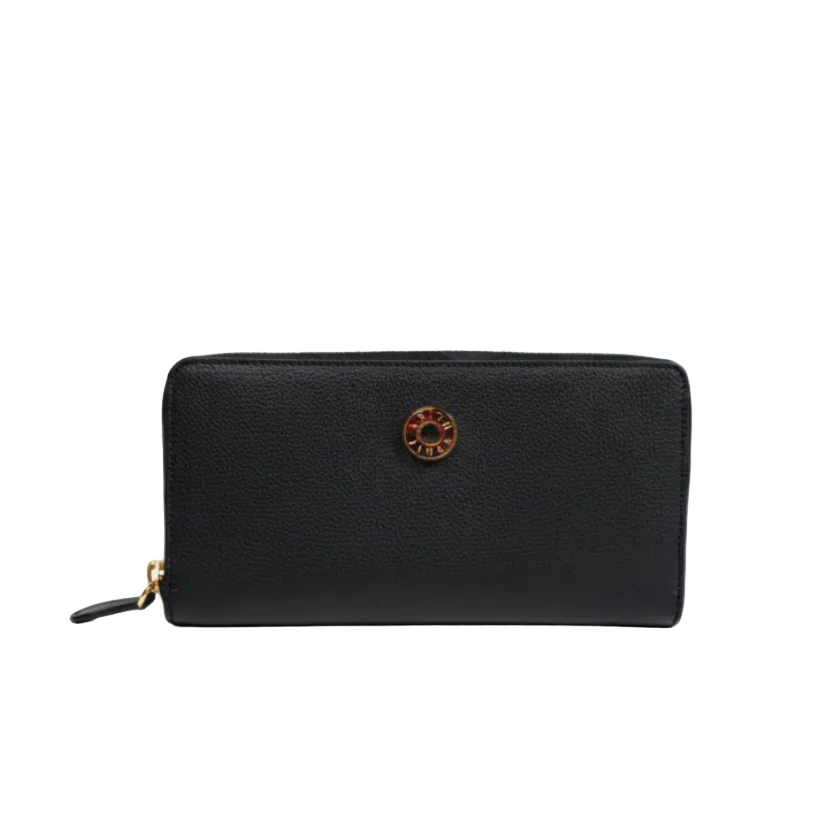 A jet black wallet with a center zip pocket and a logo embossed in the center. It appears to be made of leather with a gold zipper.