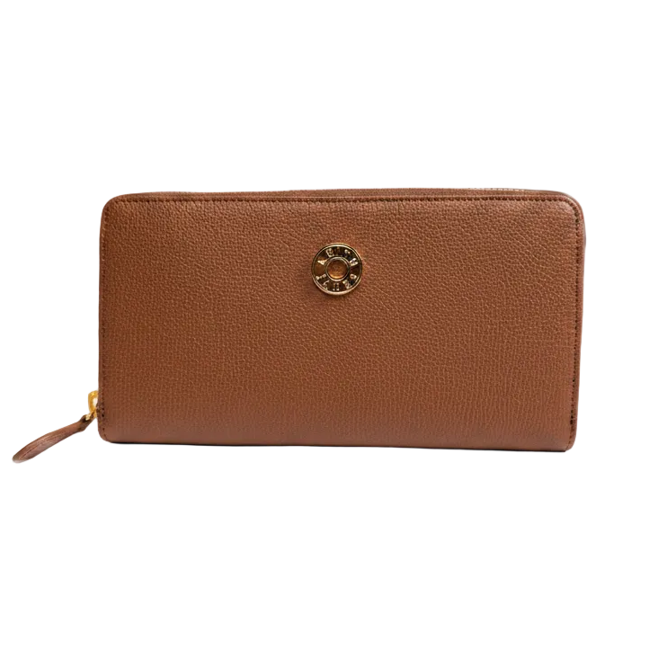 A cocoa brown wallet with a zipper closure and a logo embossed in the center.
