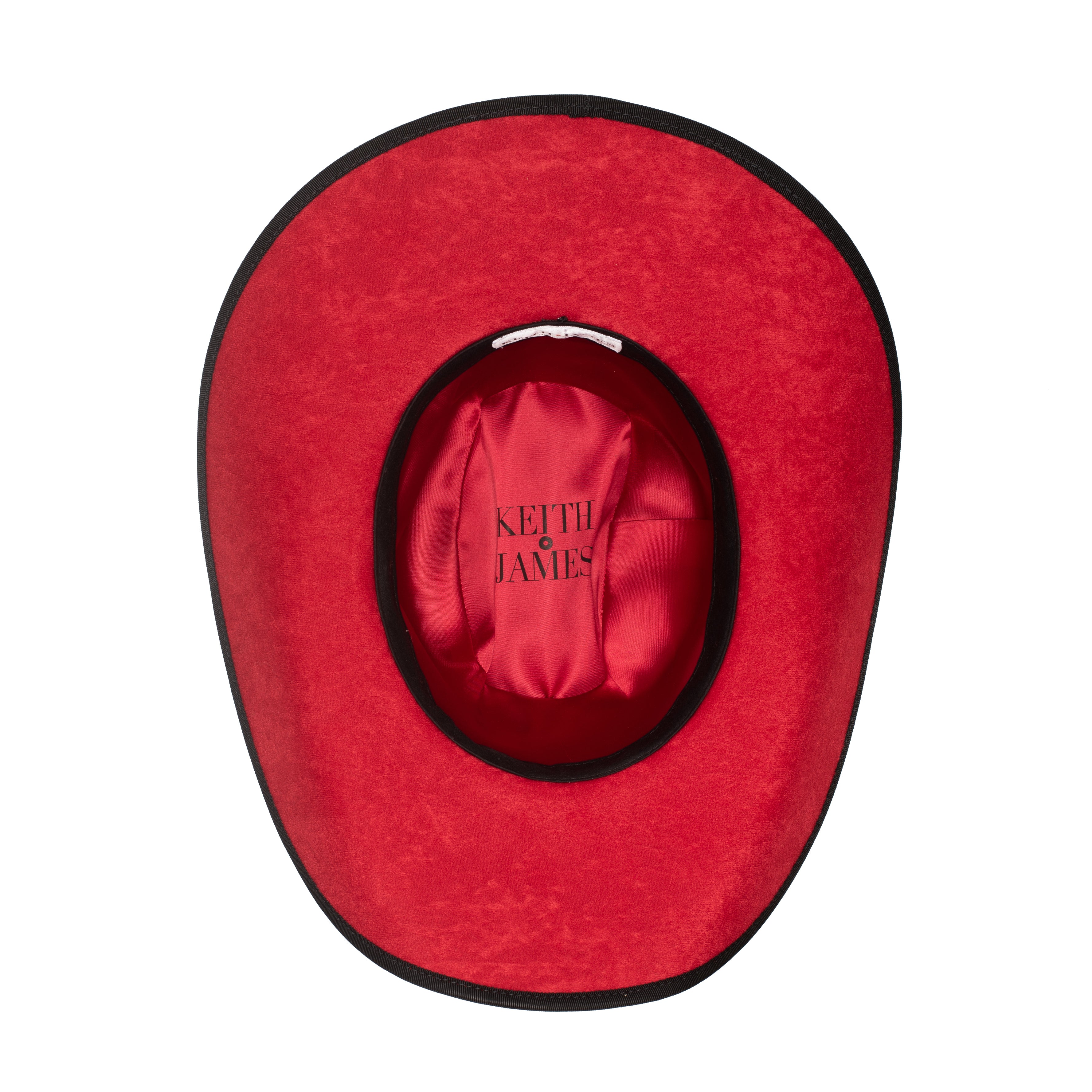 A black wool cowboy hat with a red sweatband, labeled with a brand logo pin.