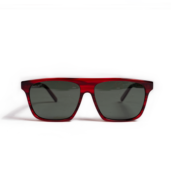 A pair of red Havana sunglasses with dark brown polarized mineral glass lenses, displayed against a white background.