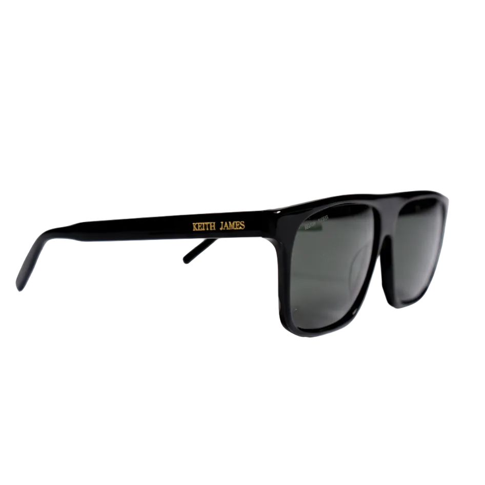 Black sunglasses with gold logo on a white background
