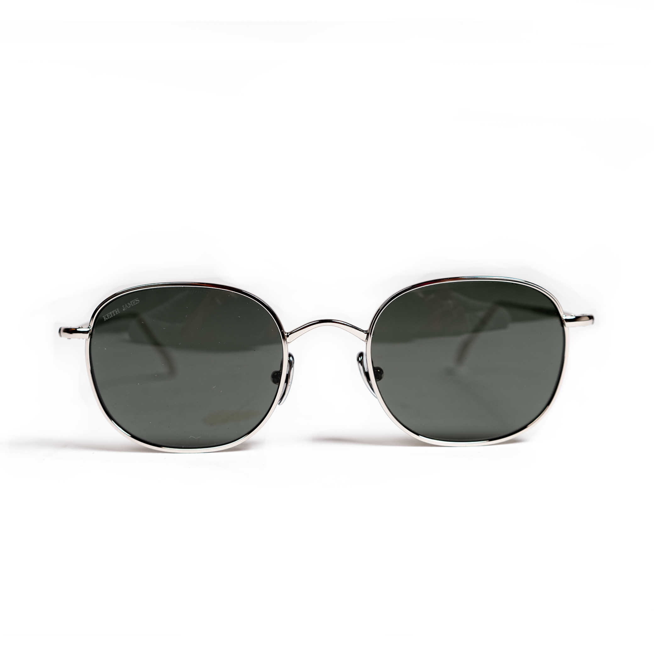 A pair of silver framed sunglasses with dark grey polarized lenses, displayed against a white background.