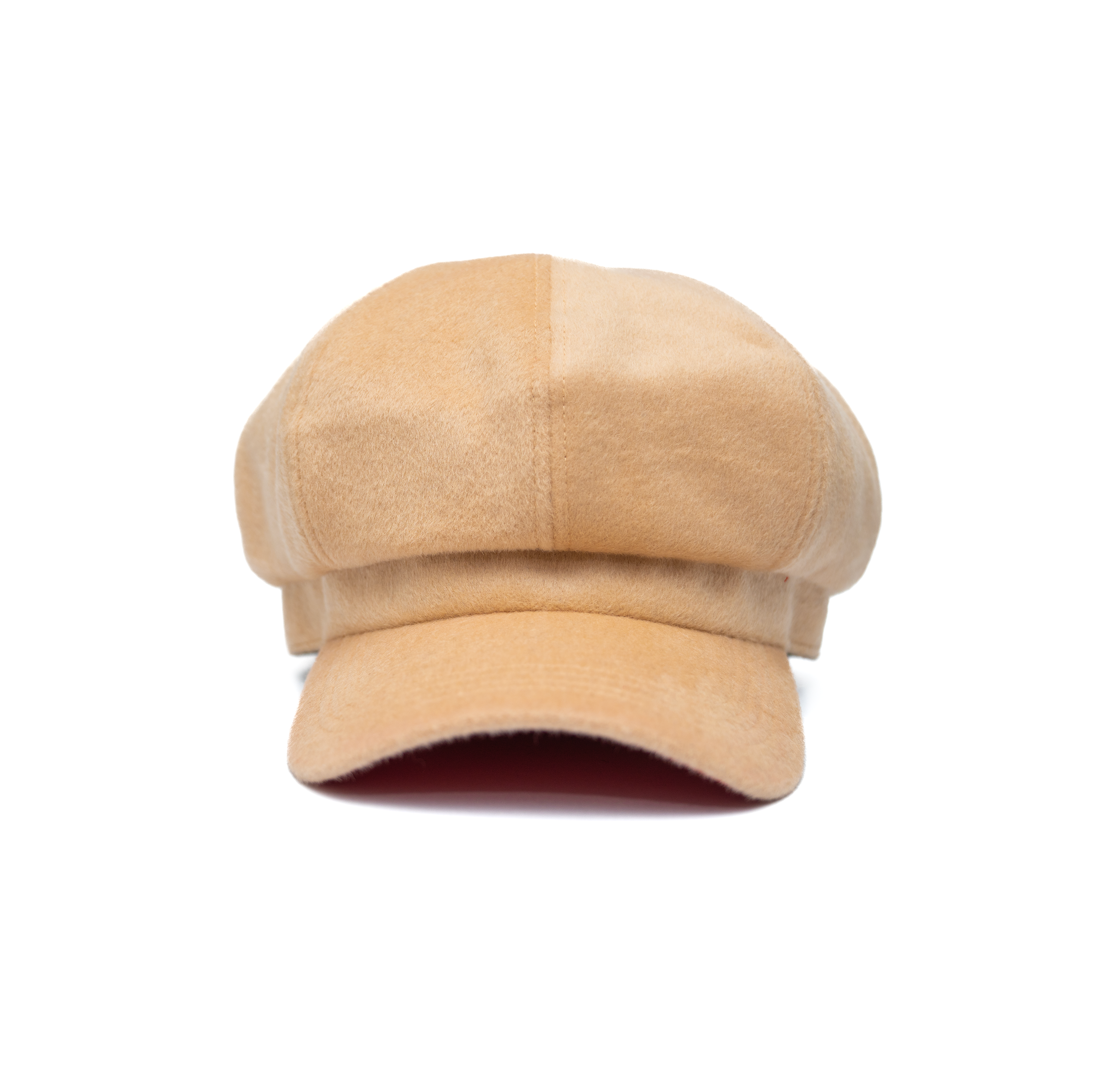 A beige colored wool hat with a cotton twill visor, featuring a satin padded sweatband and a signature logo pin.