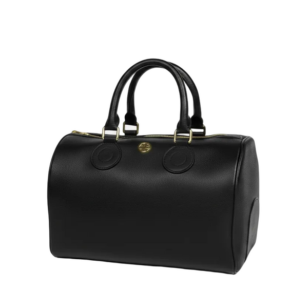 Black handbag with gold accents on a white background