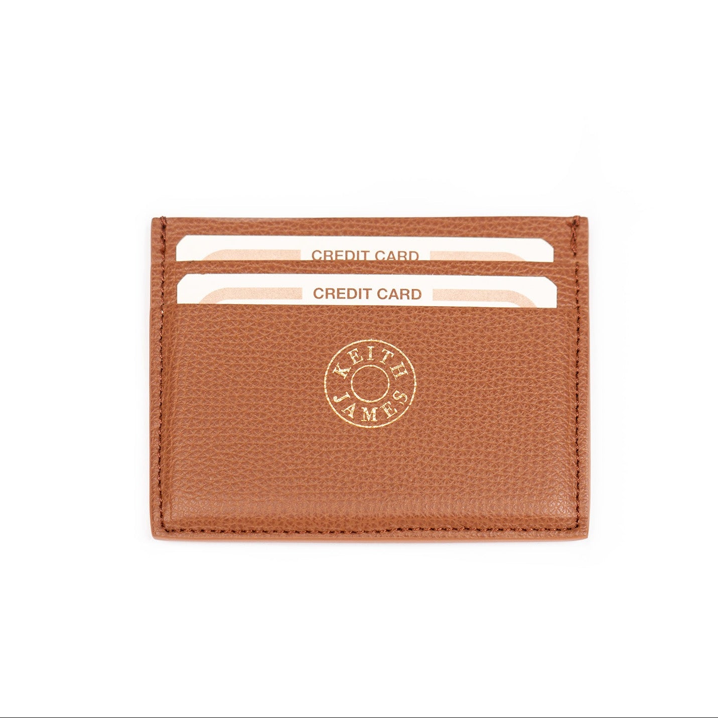 A cocoa brown credit card case with multiple card slots and a logo stamp, displayed against a white background.