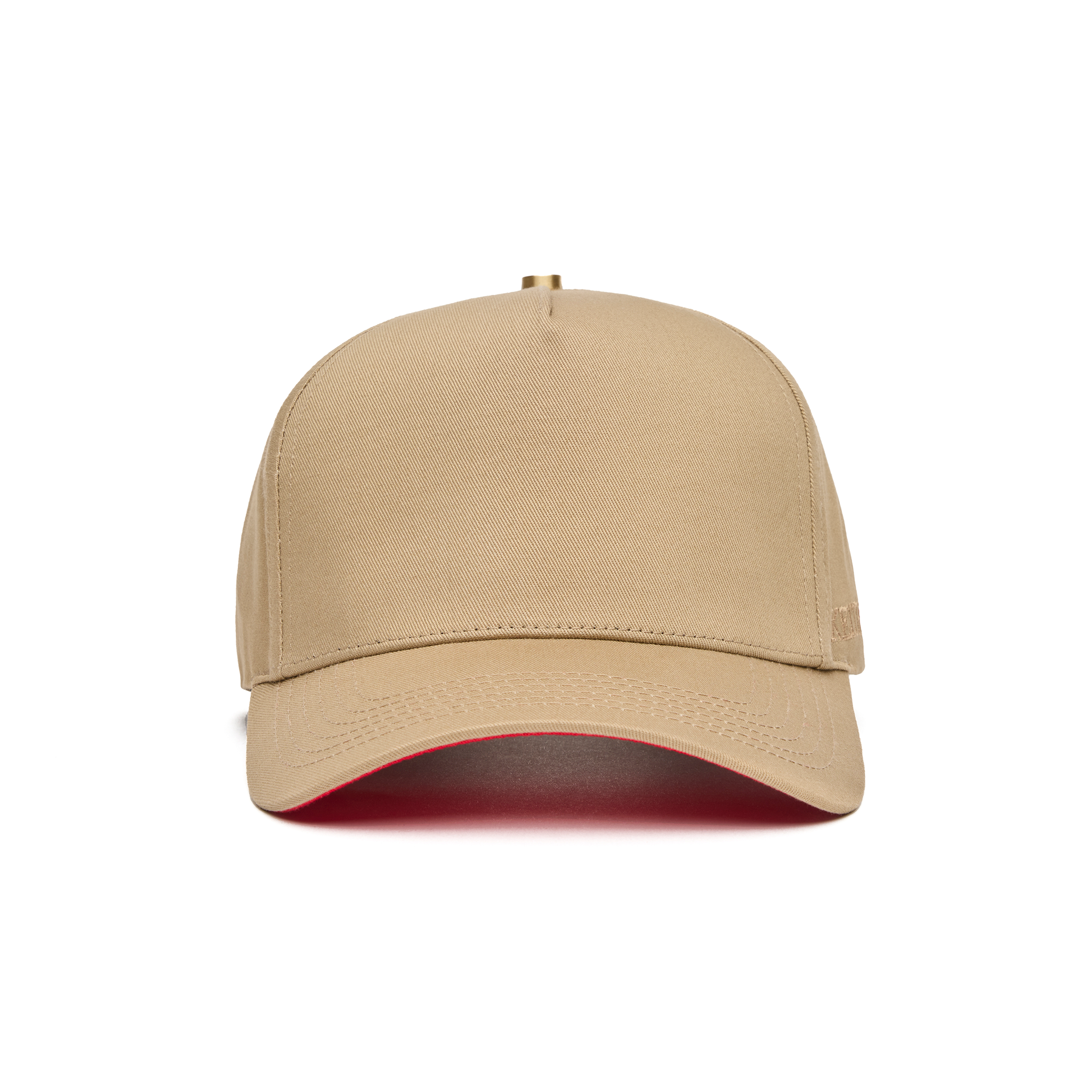 A beige 5 panel baseball cap with an adjustable band and a logo embroidered on the front, featuring a red bottom brim.
