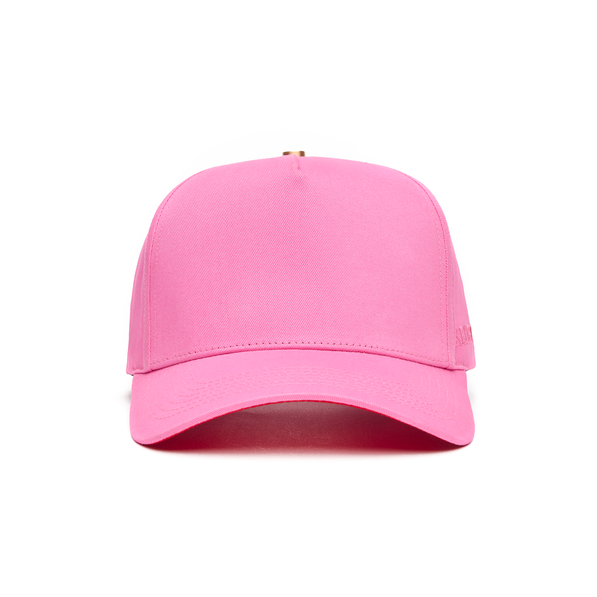 A hot pink 5 panel baseball cap with an adjustable band and a logo embroidered on the front.