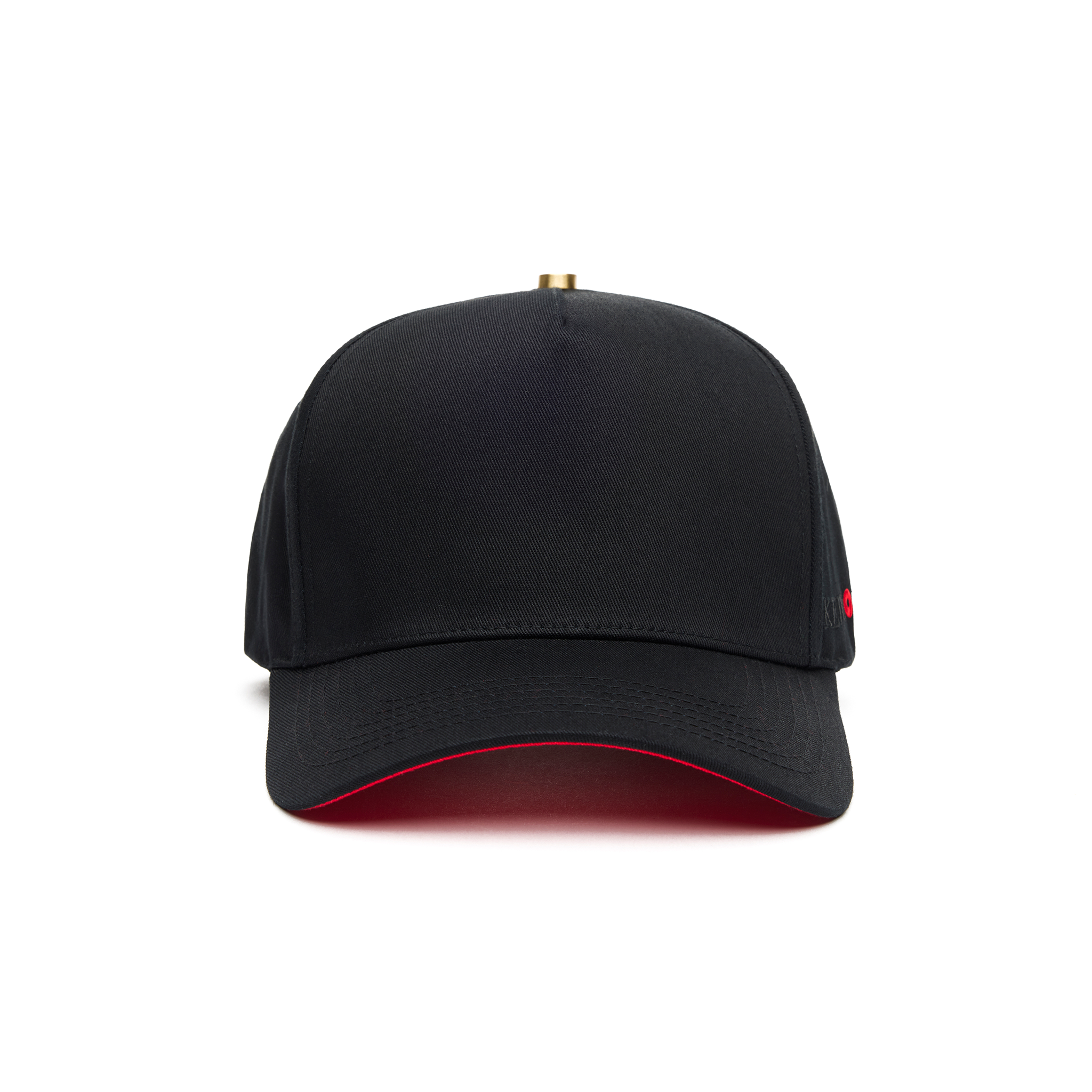 A black 5 panel baseball cap with an adjustable band and a red signature on the brim.
