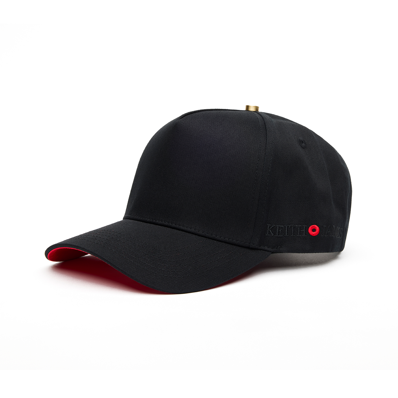 A black 5 panel baseball cap with an adjustable band and a red signature on the brim.