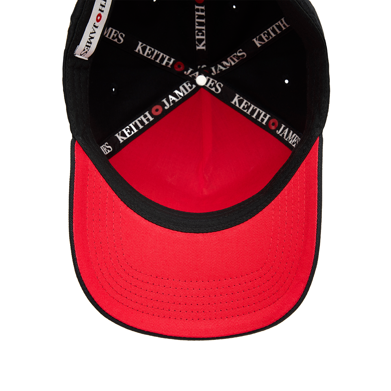 A black 5 panel baseball cap with an adjustable band and a red signature on the brim.