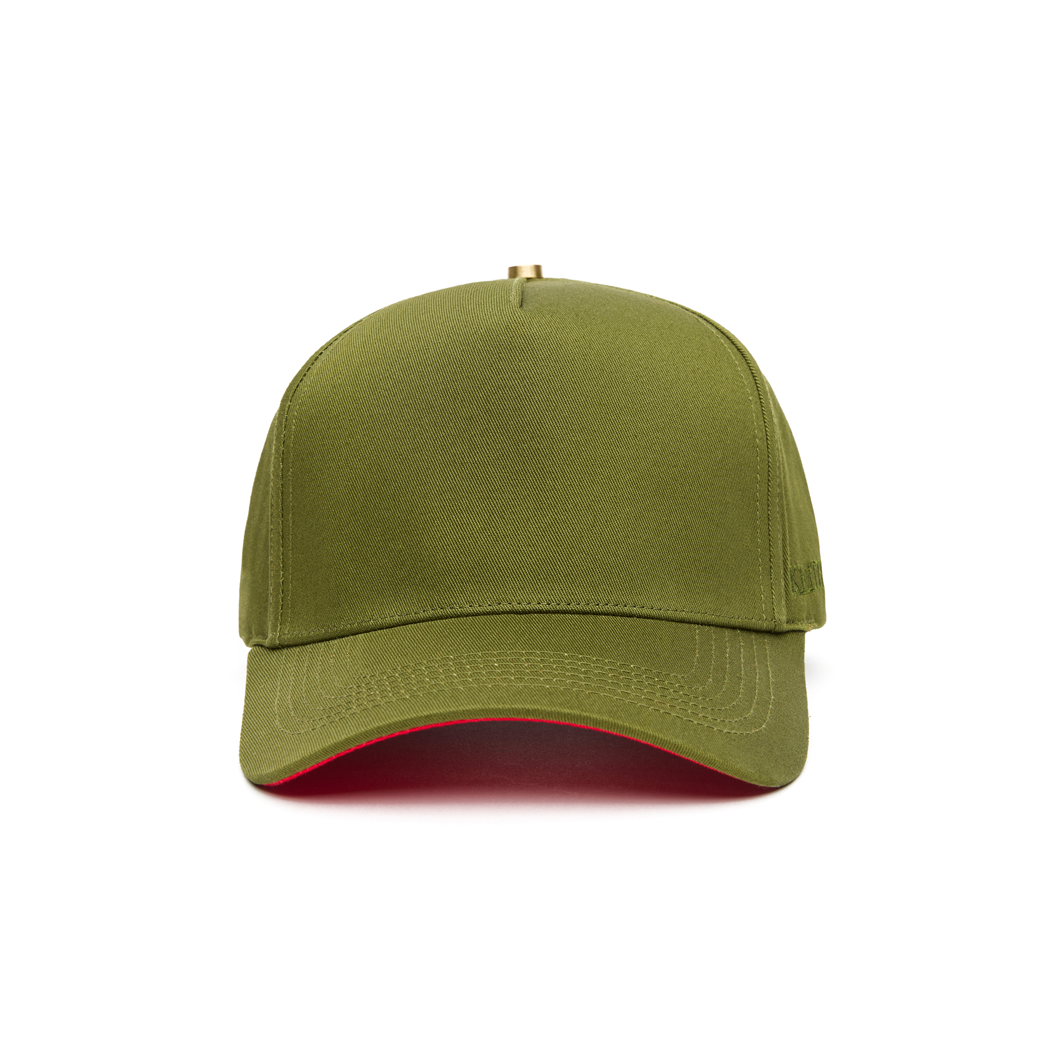An olive green 5 panel baseball cap with an adjustable band and a red bottom brim, featuring a logo embroidered on the front.
