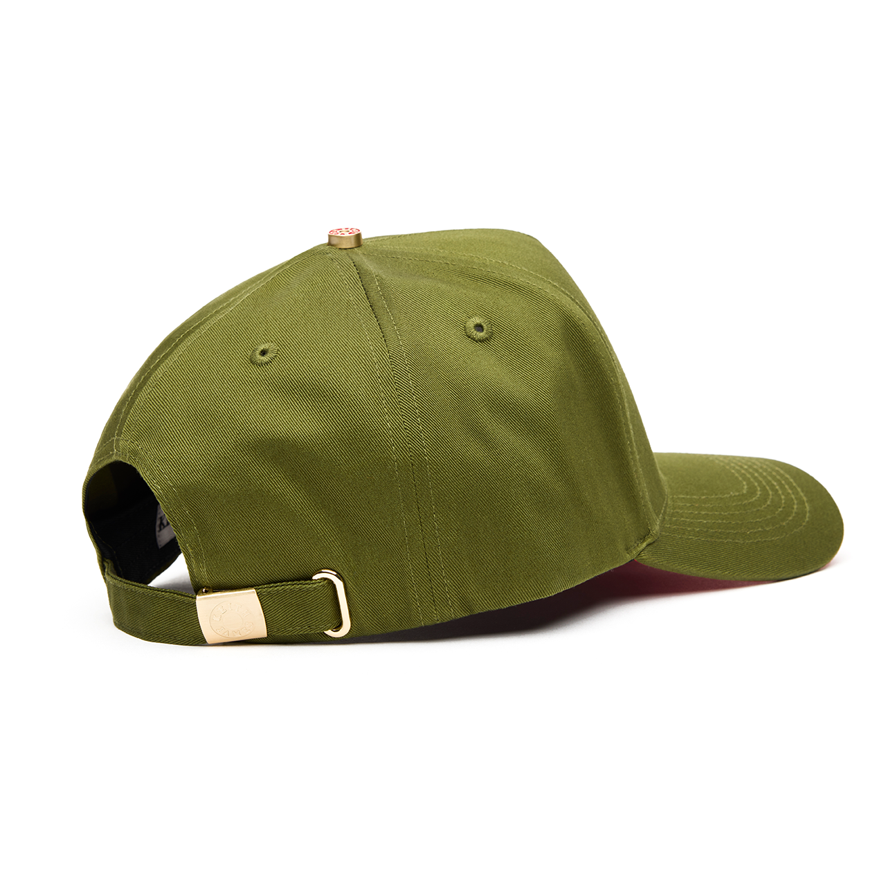 An olive green 5 panel baseball cap with an adjustable band and a red bottom brim, featuring a logo embroidered on the front.