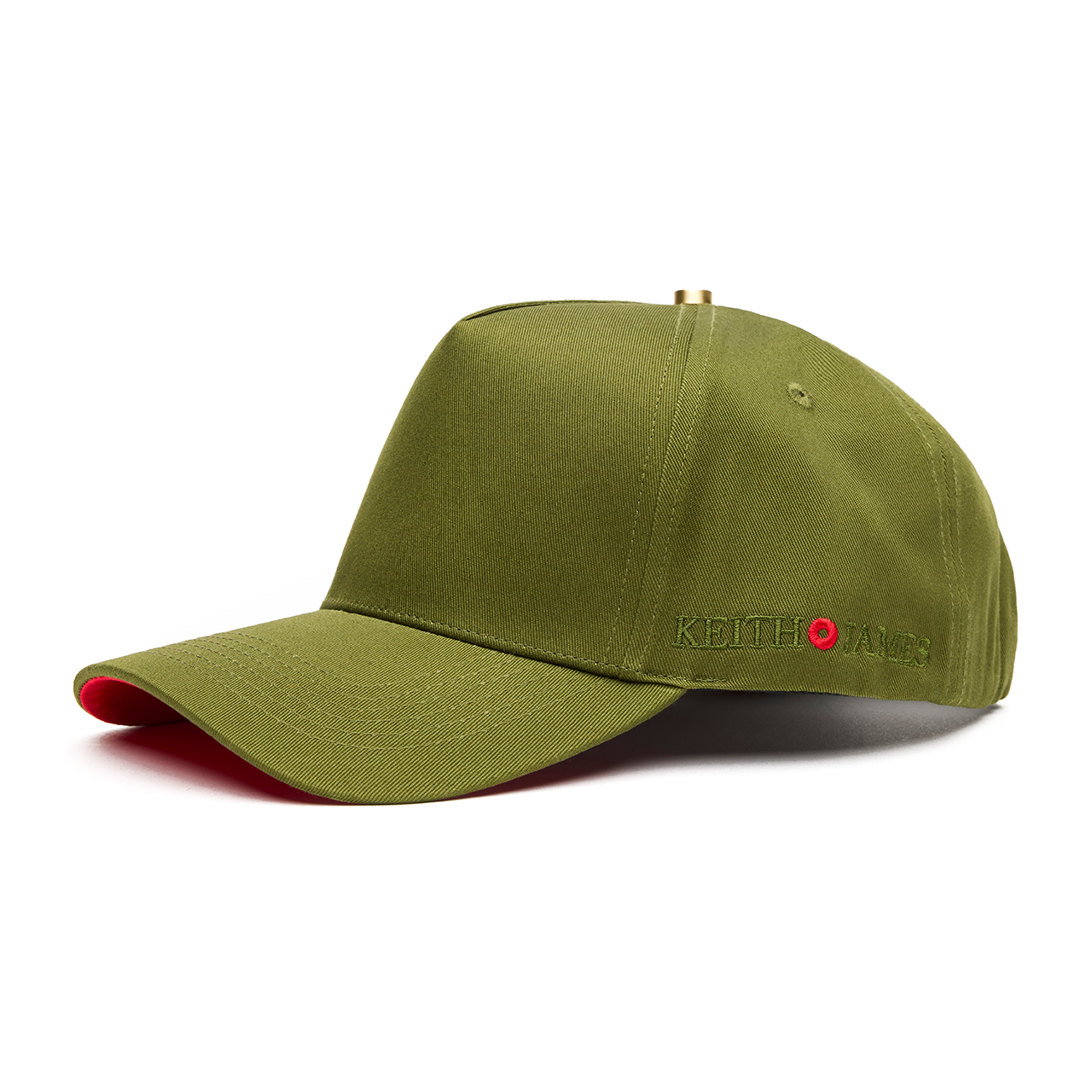 An olive green 5 panel baseball cap with an adjustable band and a red bottom brim, featuring a logo embroidered on the front.