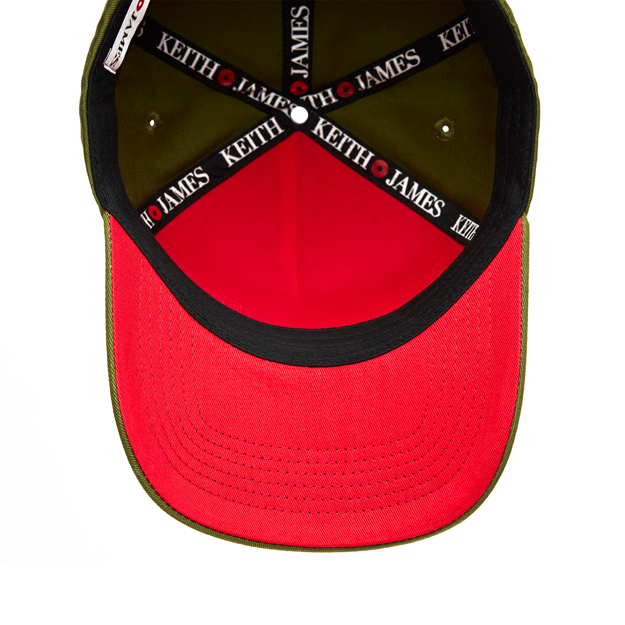 An olive green 5 panel baseball cap with an adjustable band and a red bottom brim, featuring a logo embroidered on the front.