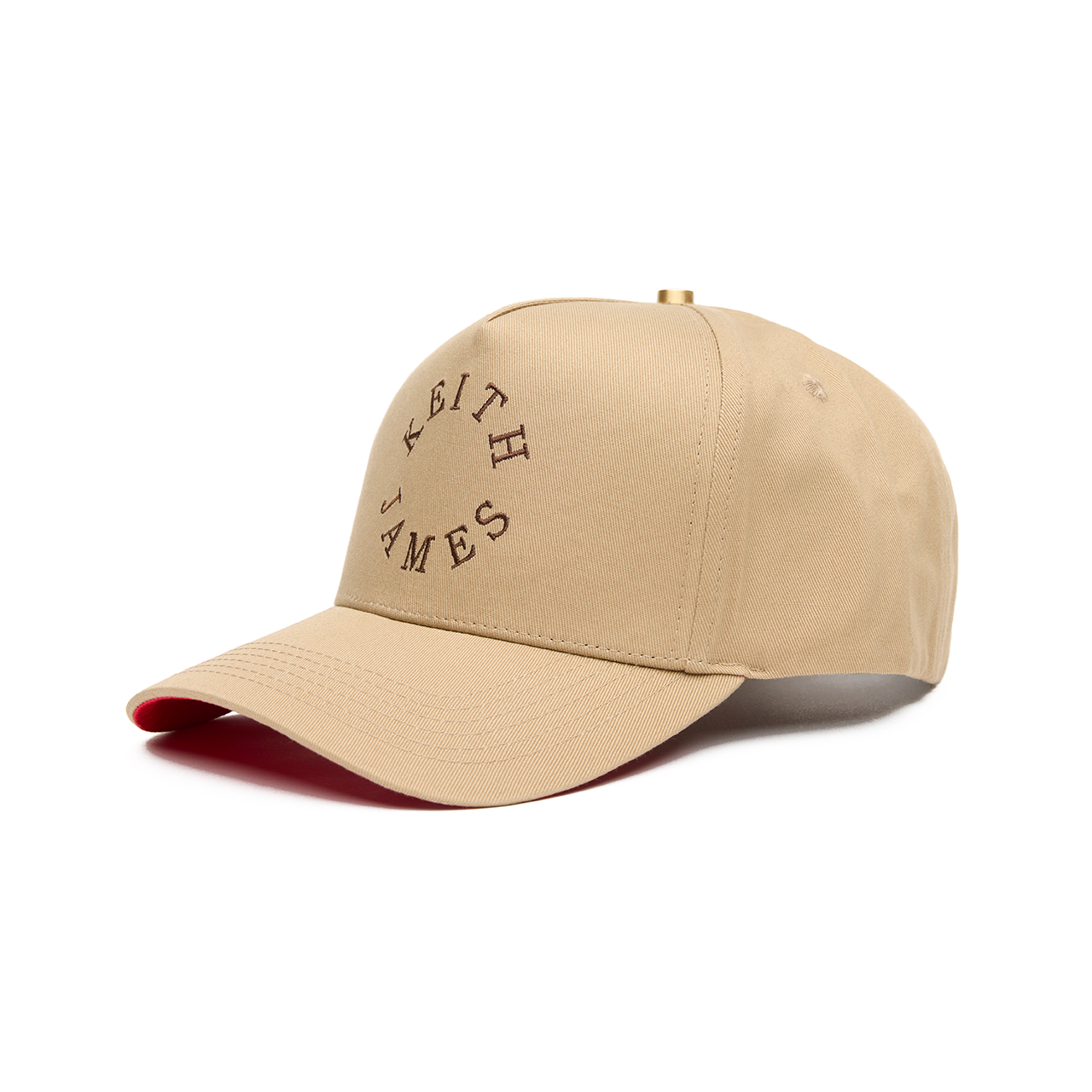 A golden honey 5 panel baseball cap with 'KEITH JAMES' embroidered in a circular logo on the front