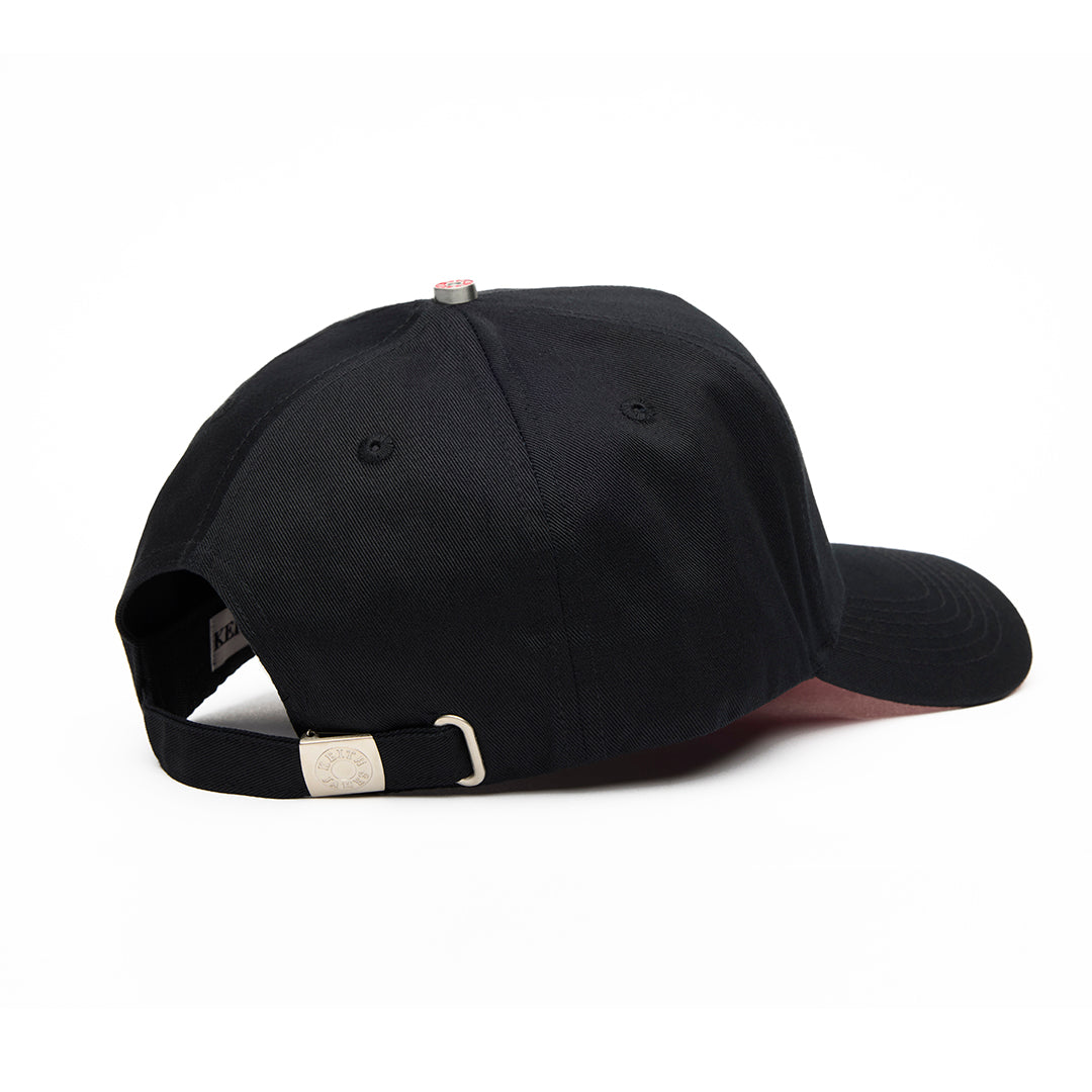 A black 5 panel baseball cap with an adjustable band, featuring the embroidered logo 'KEITH JAMES' on the front.