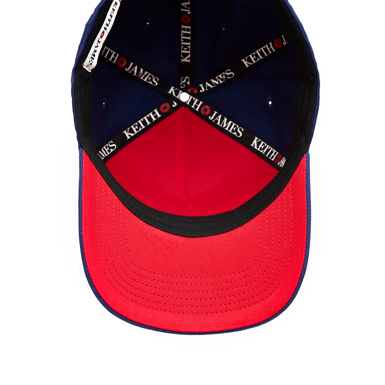 A navy blue 5 panel baseball cap with an adjustable band and a logo embroidered on the front with a red bottom brim.