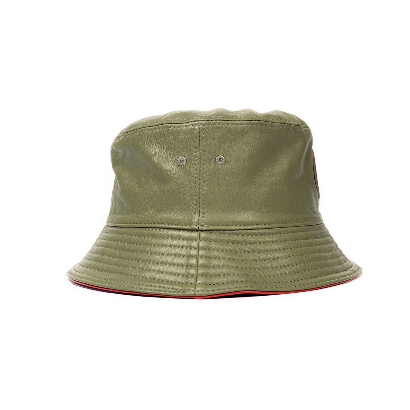 A olive green bucket hat made of leather with a red stamped leather logo circle on the front.