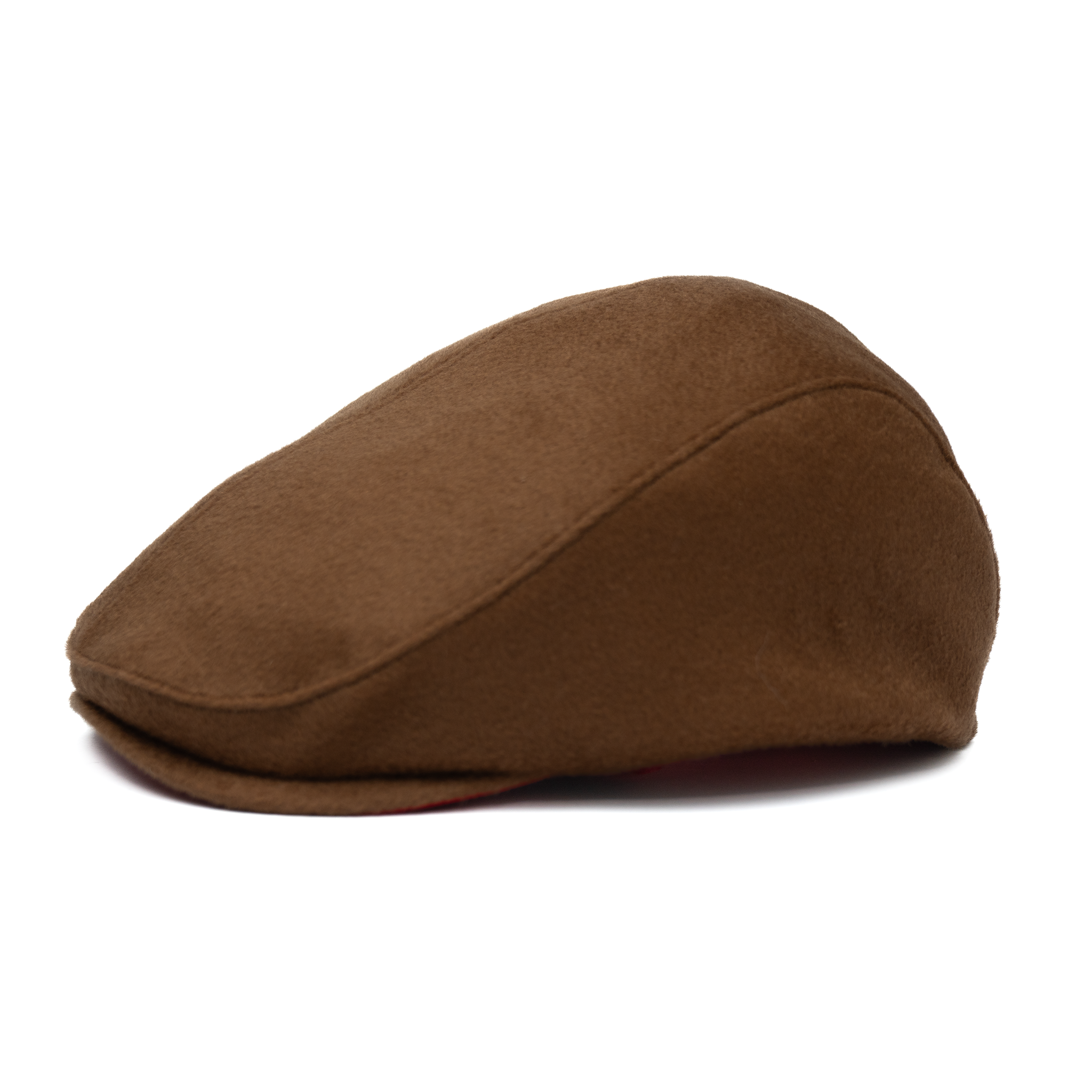 A brown newsboy cap made of wool with a cotton twill visor, featuring a branded logo on the front.