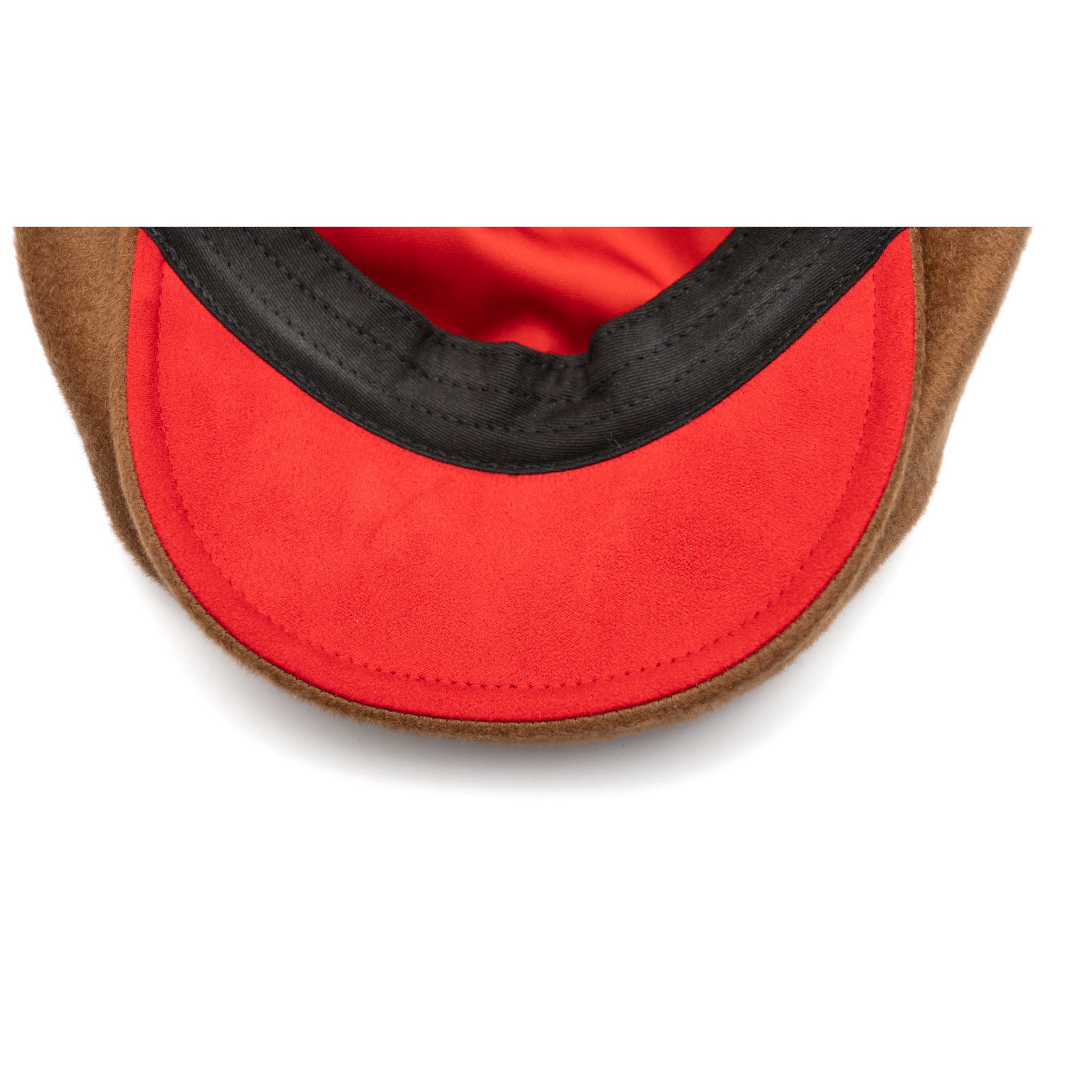 A brown newsboy cap made of wool with a cotton twill visor, featuring a branded logo on the front.