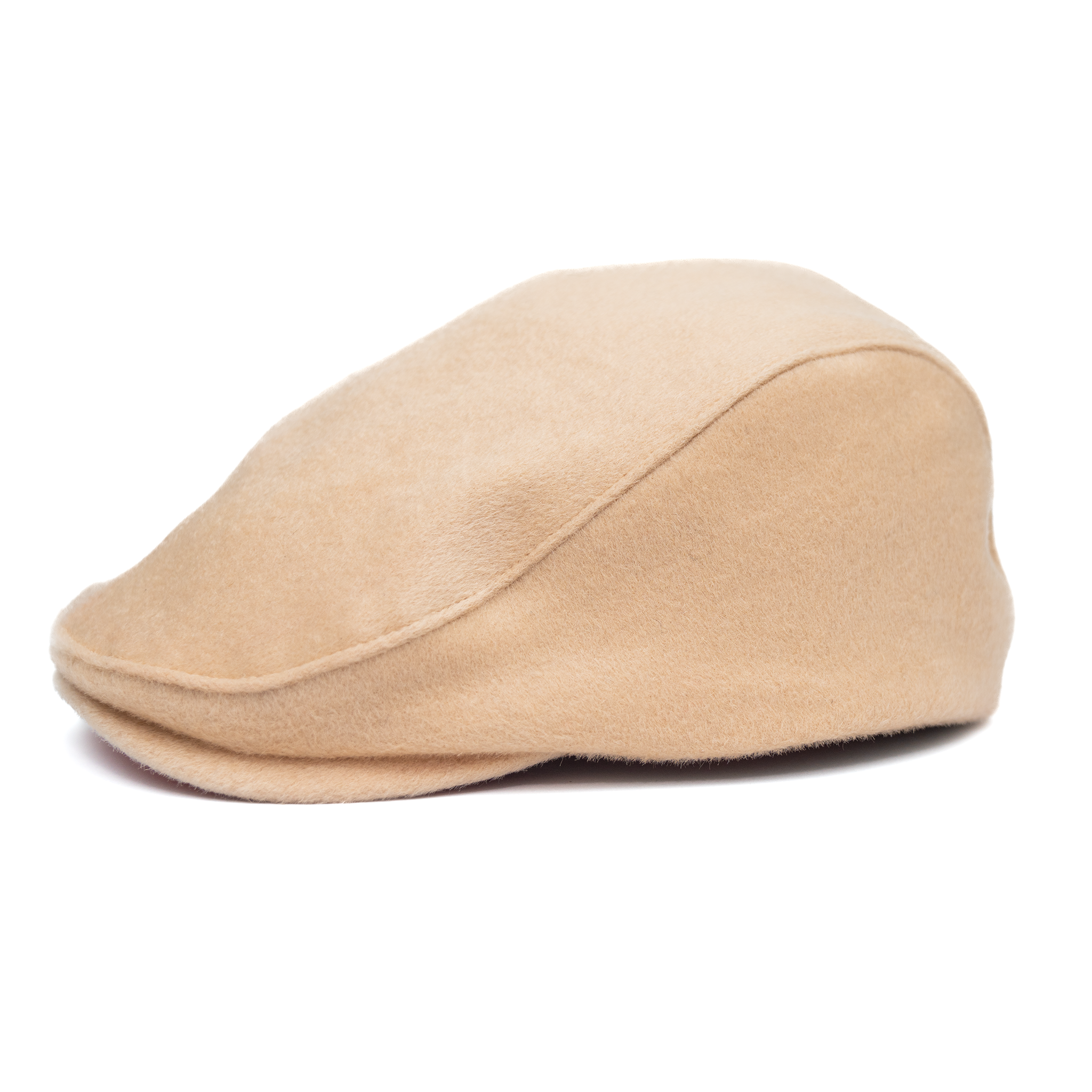 A beige Newsboy cap made of Australian wool with a cotton twill visor, featuring a satin padded sweatband and a signature logo pin.