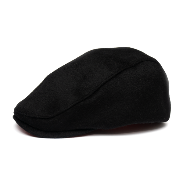 A black flat cap made of wool with a satin lining and gold hardware.