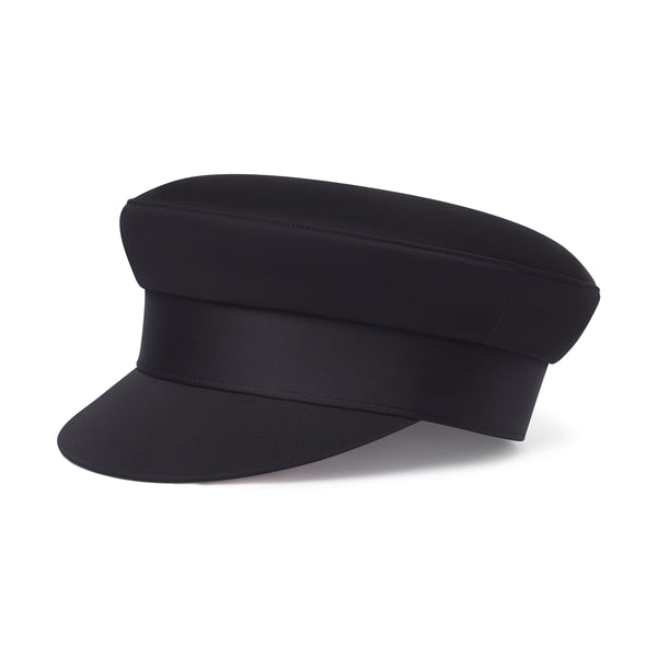 A black modern structured sailor cap with a soft curved visor, brushed gold hardware at the back band, and a Keith James branded sweatband.