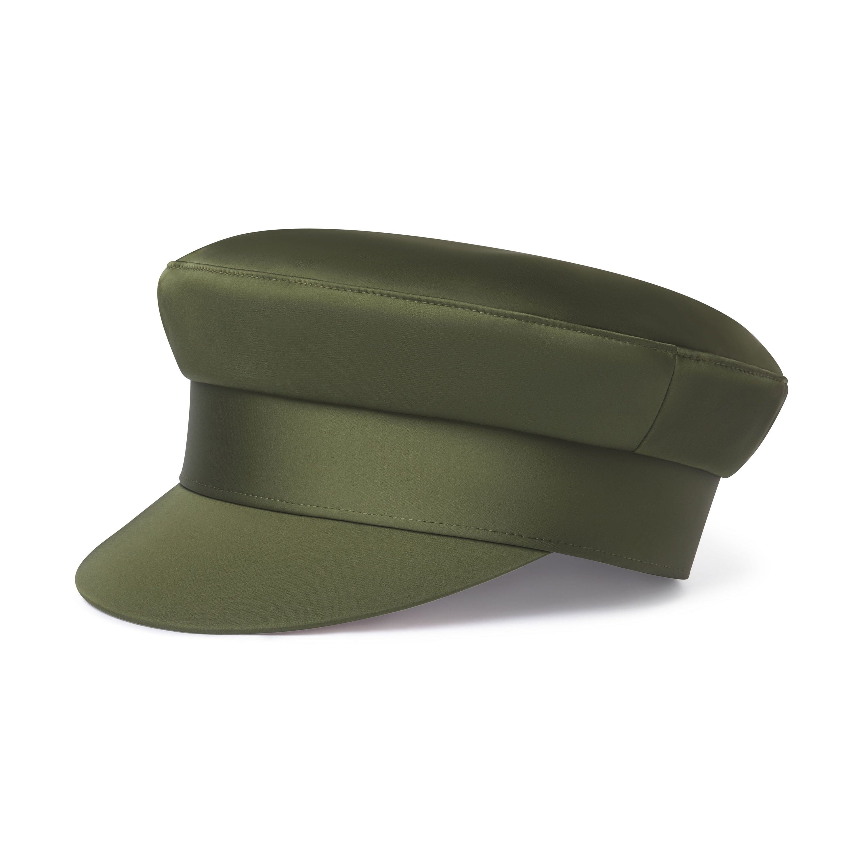 A modern structured sailor cap in olive green with a flat brim, made from recycled polyester, featuring a signature red satin lining, brushed gold hardware at the back band, and a Keith James branded sweatband.