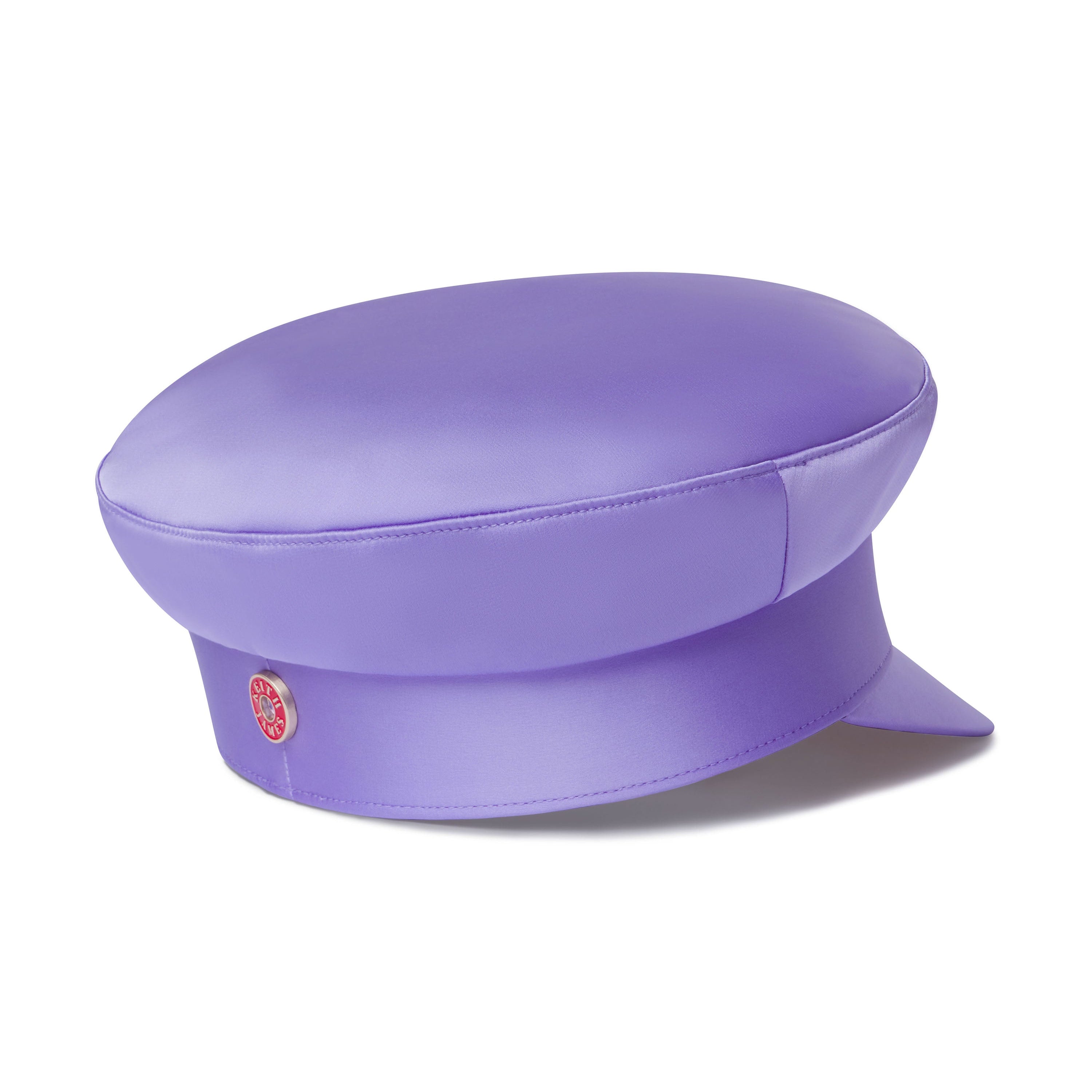 A violet purple modern structured sailor cap with a soft curving visor, finished with a signature detail and a red satin lining visible at the peak.