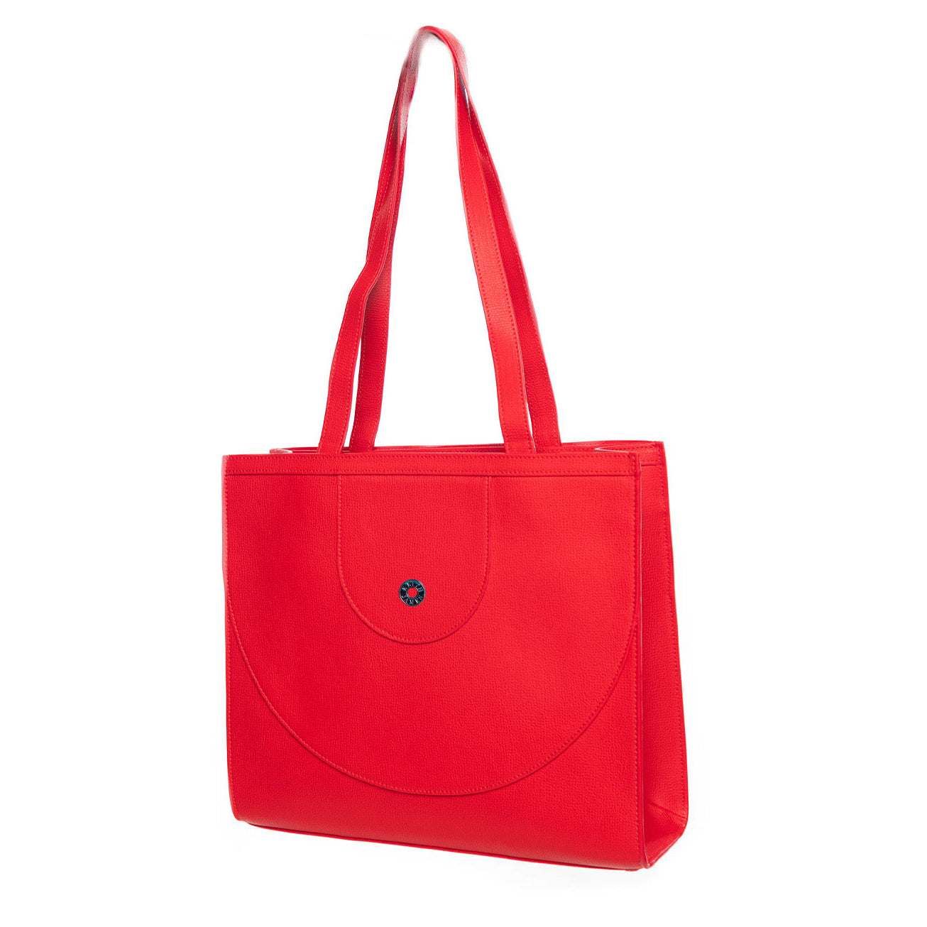 A rose red leather tote bag with a solid pattern, two handles, and a front flap with a metallic clasp.