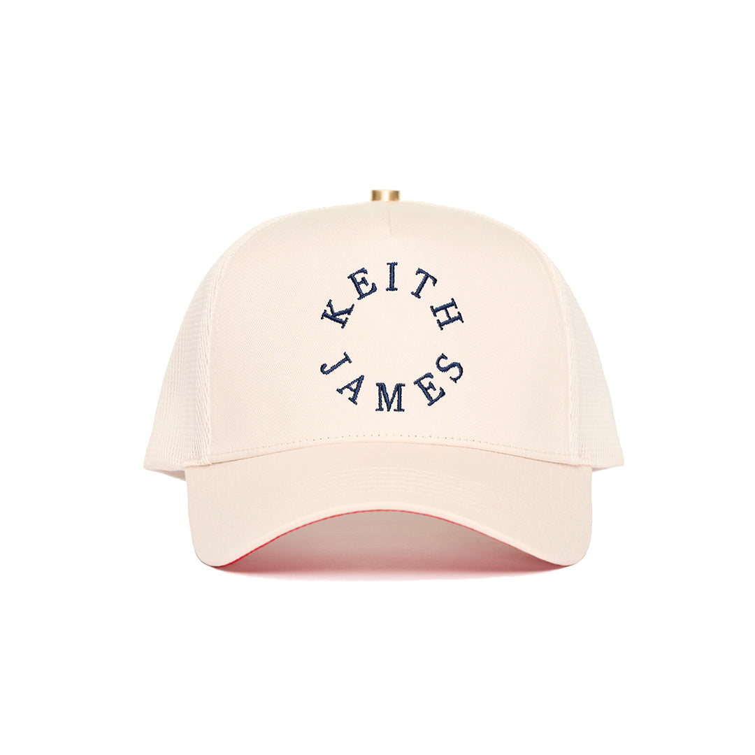 A trucker hat with a Keith James Logo
