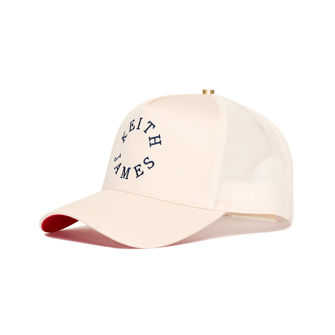 A trucker hat with a Keith James Logo