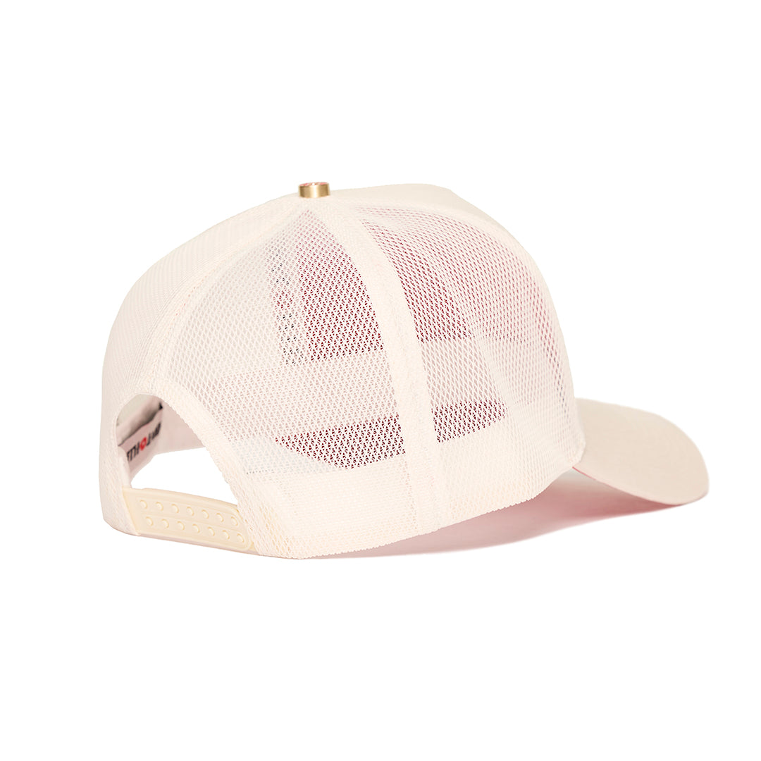 A trucker hat with a Keith James Logo