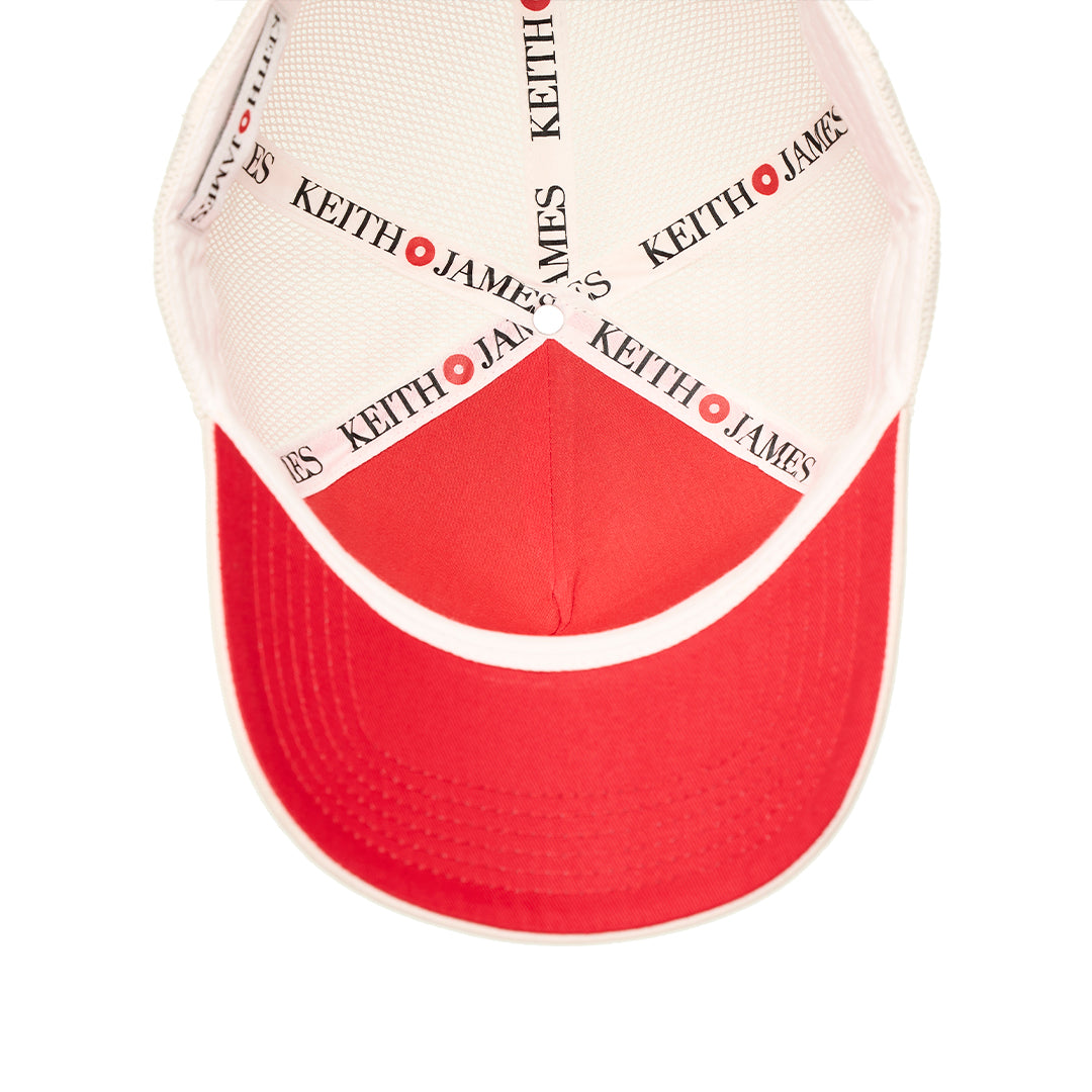 A trucker hat with a Keith James Logo