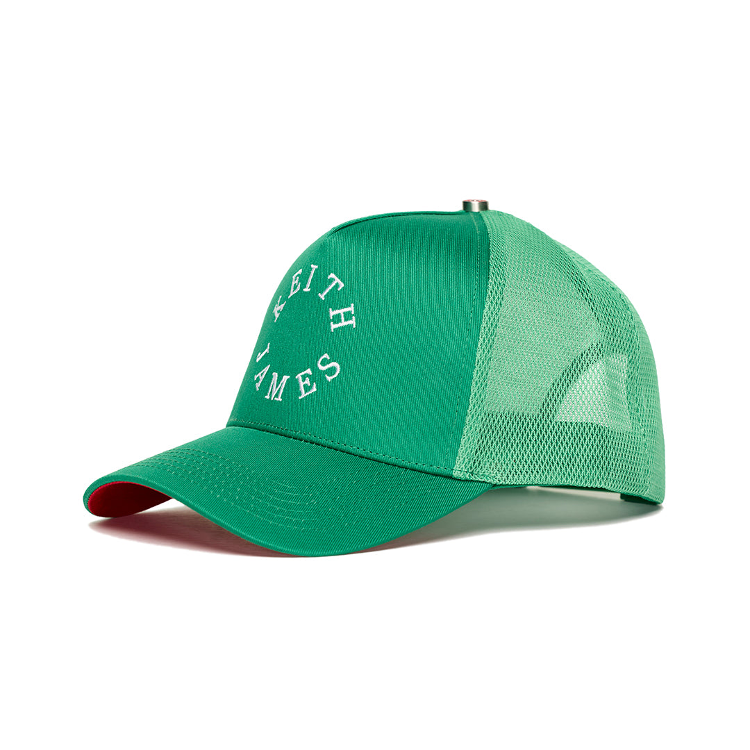 A trucker hat with a Keith James Logo
