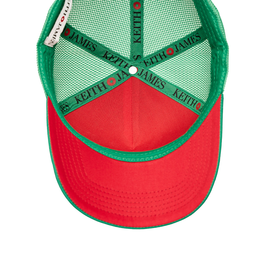 A trucker hat with a Keith James Logo