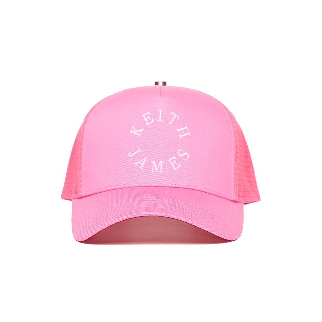 A trucker hat with a Keith James Logo
