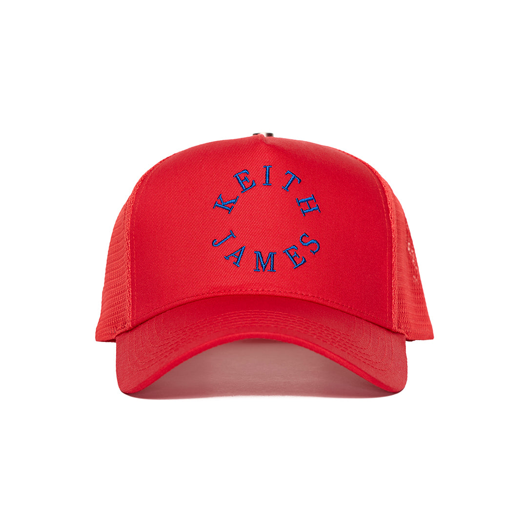 A trucker hat with a Keith James Logo