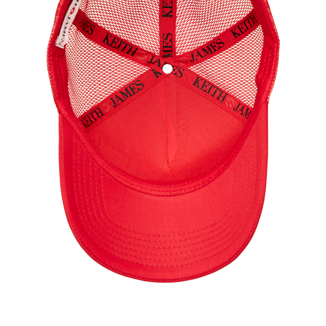 A trucker hat with a Keith James Logo