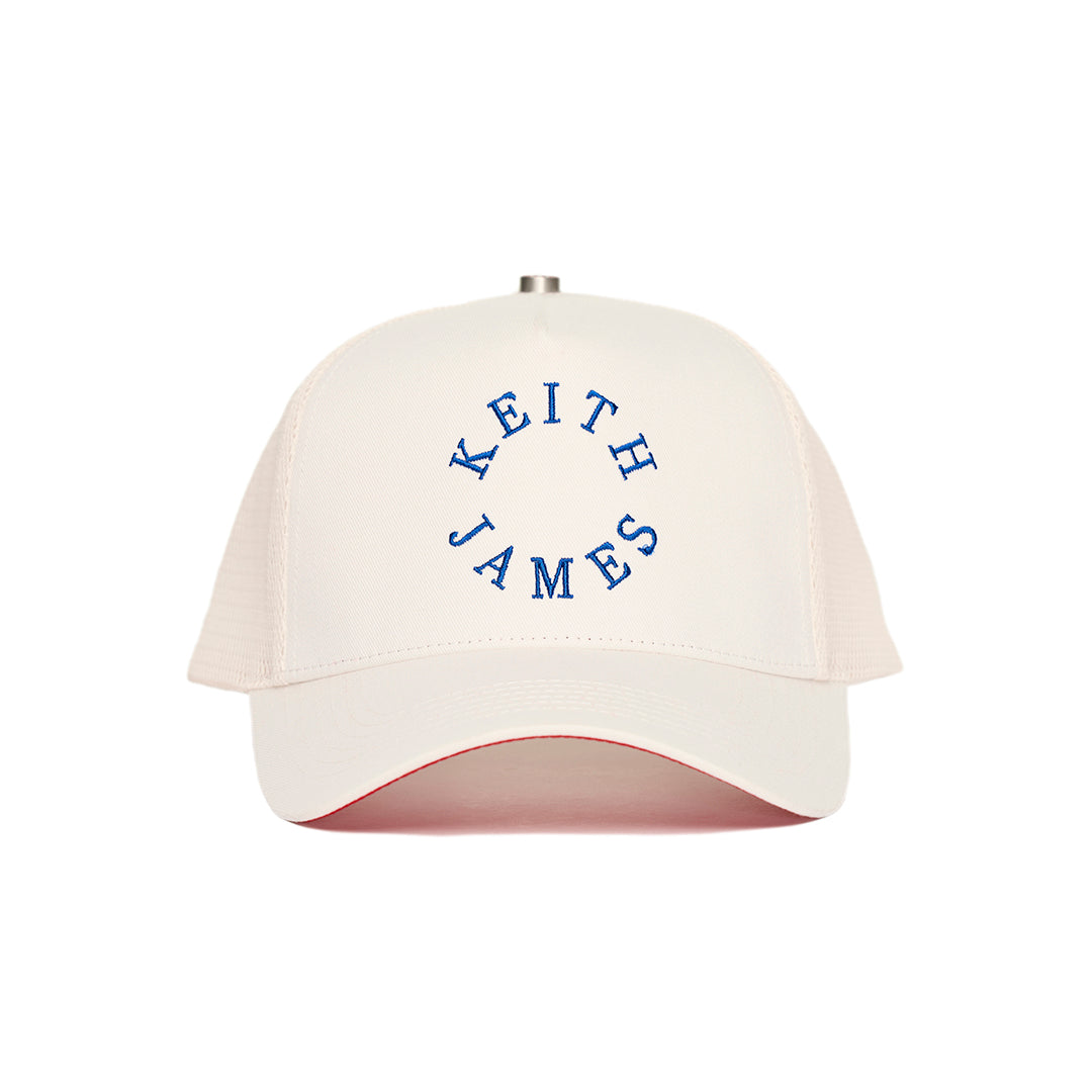 A trucker hat with a Keith James Logo