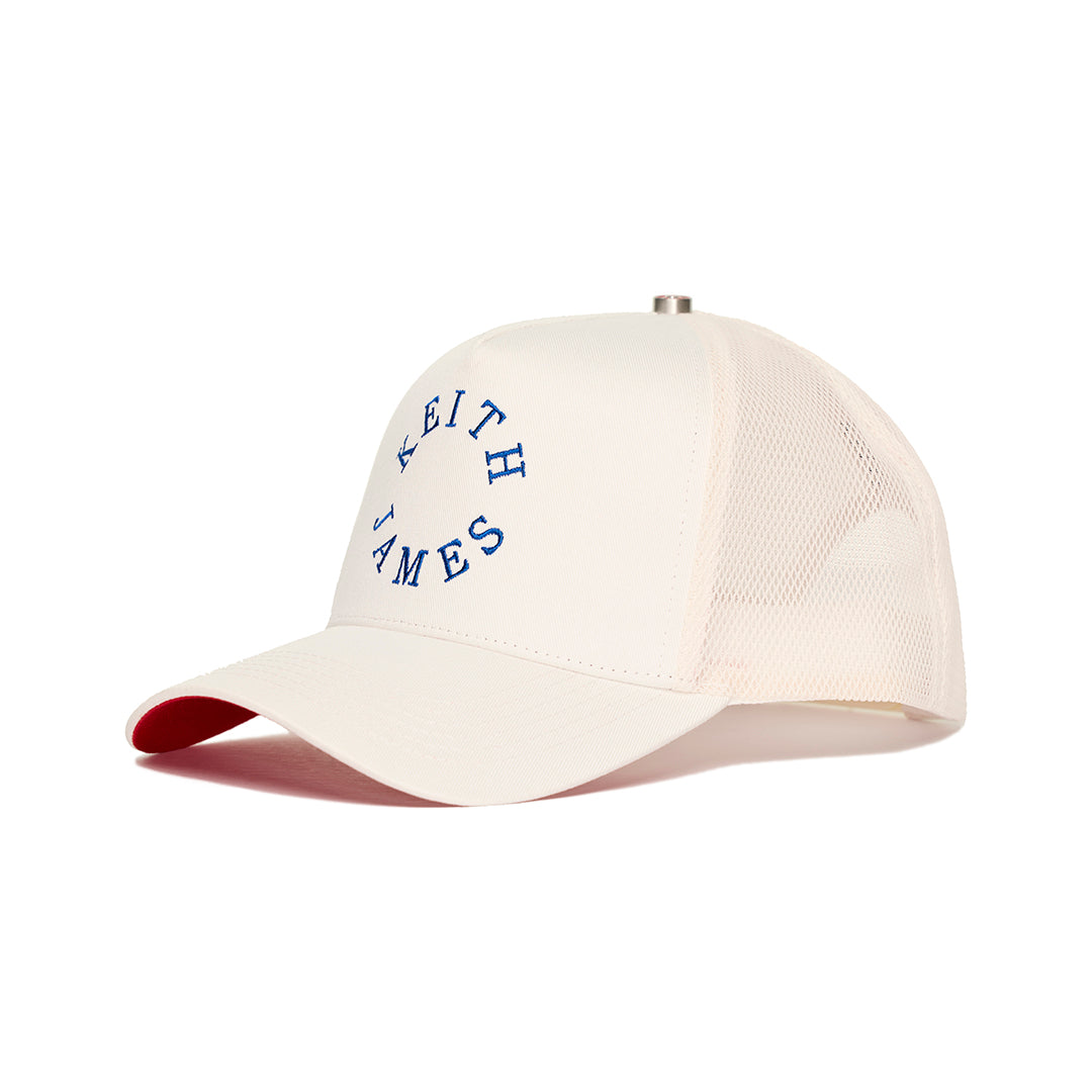 A trucker hat with a Keith James Logo
