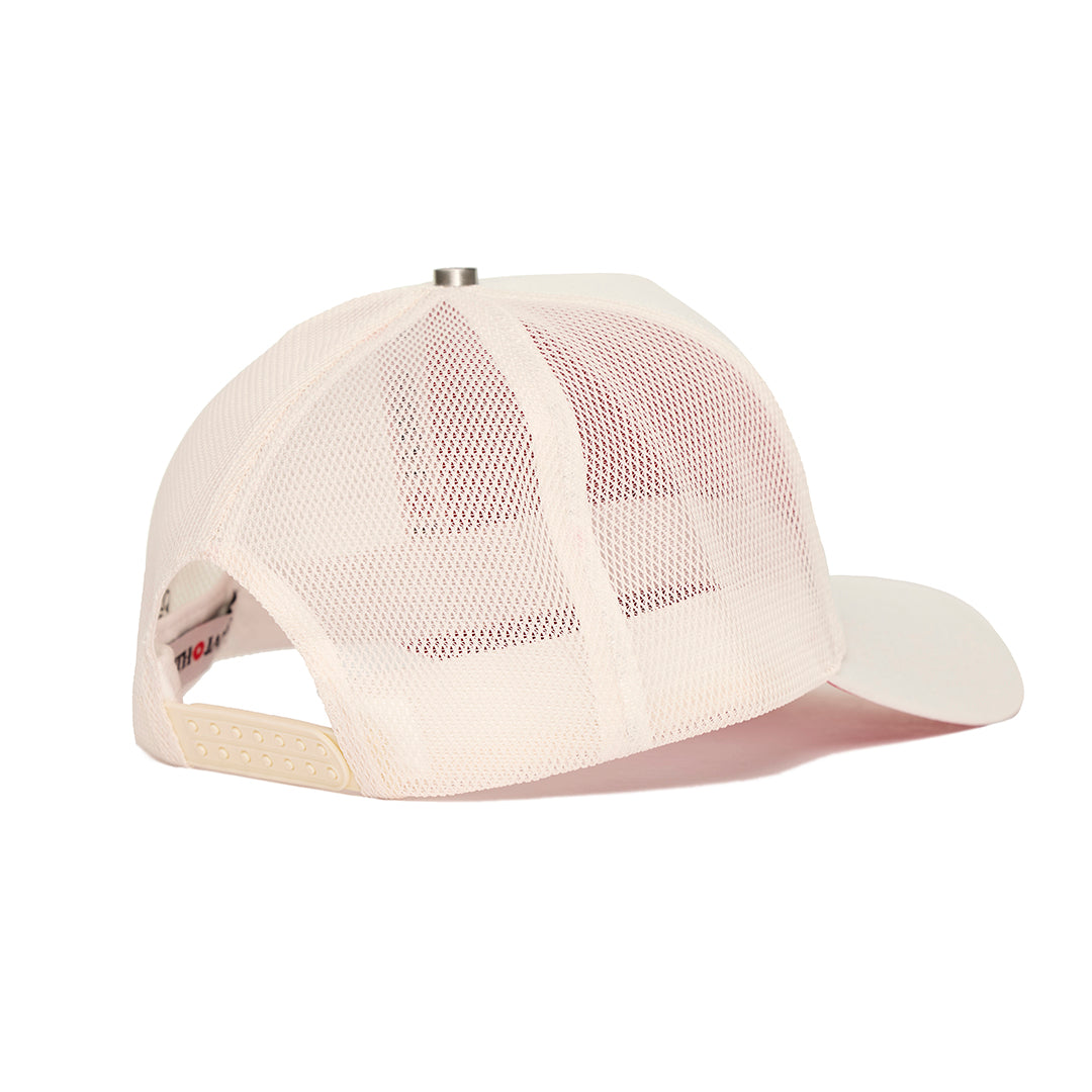 A trucker hat with a Keith James Logo