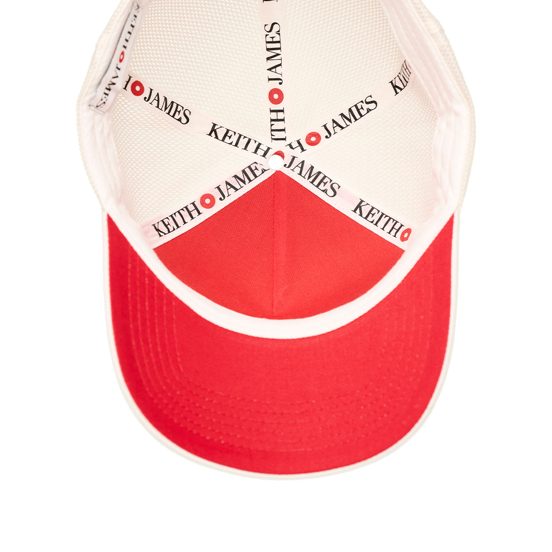 A trucker hat with a Keith James Logo