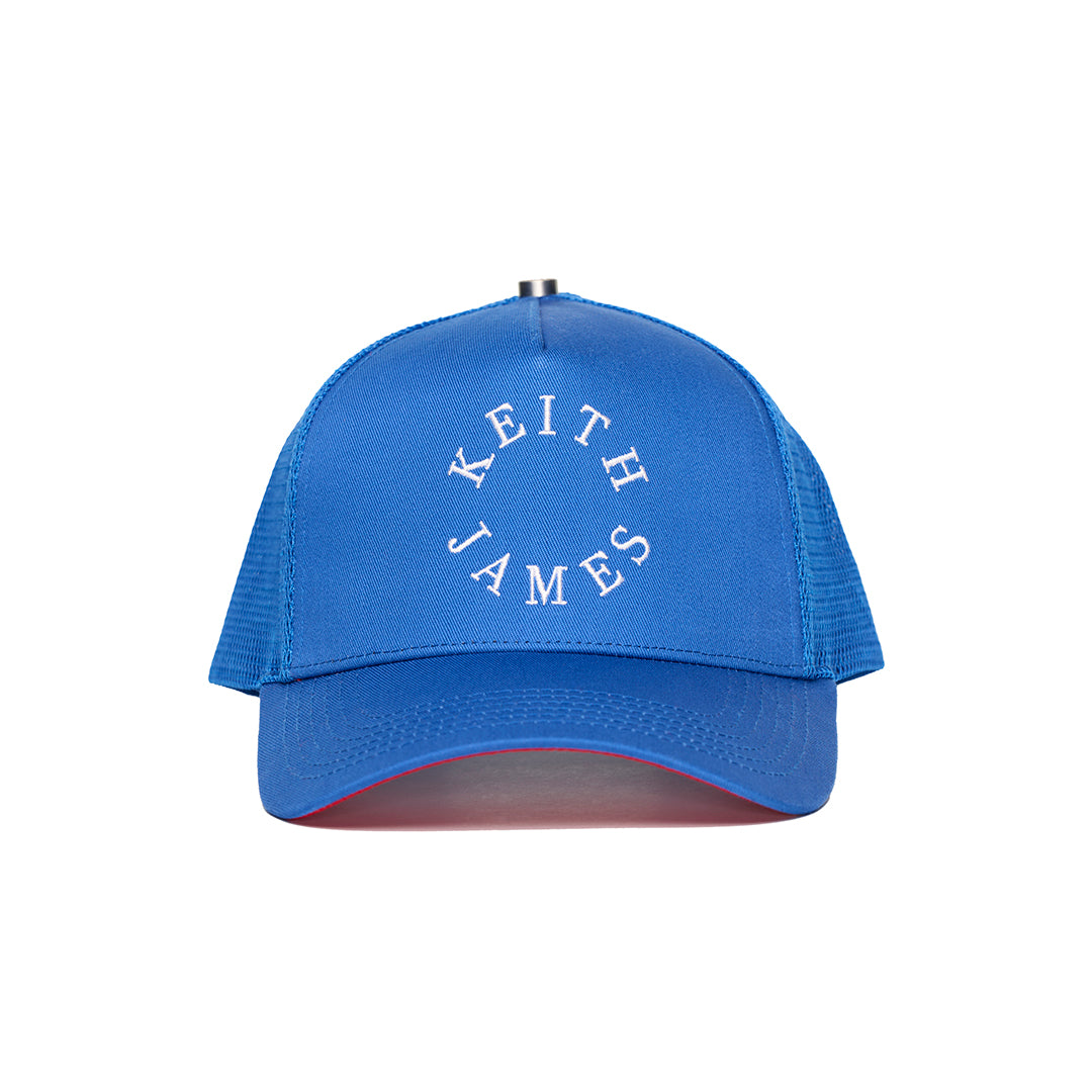 A trucker hat with a Keith James Logo
