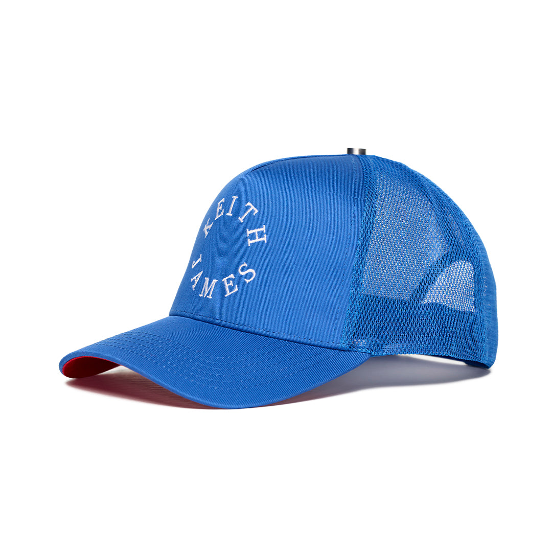 A trucker hat with a Keith James Logo
