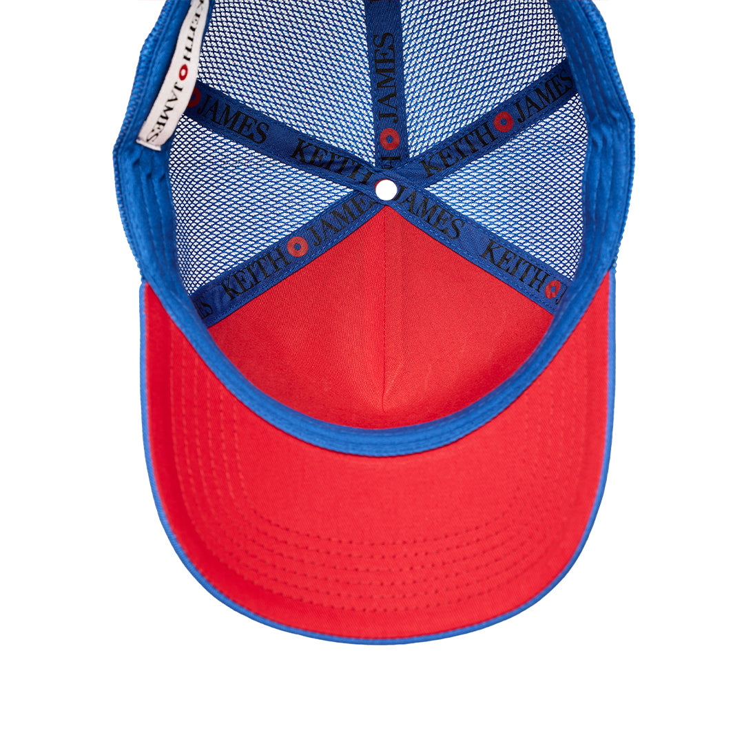 A trucker hat with a Keith James Logo