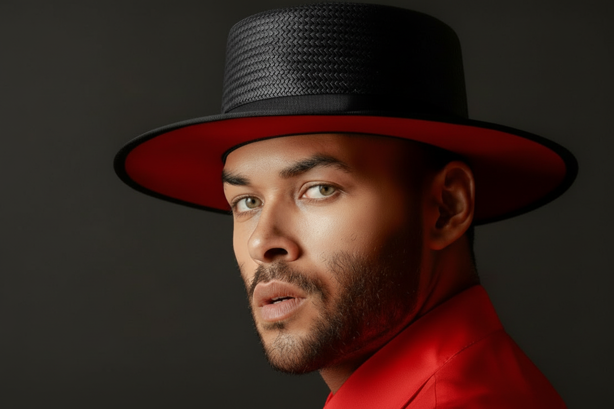 Man wearing a black hat with red brim and red shirt on a dark background