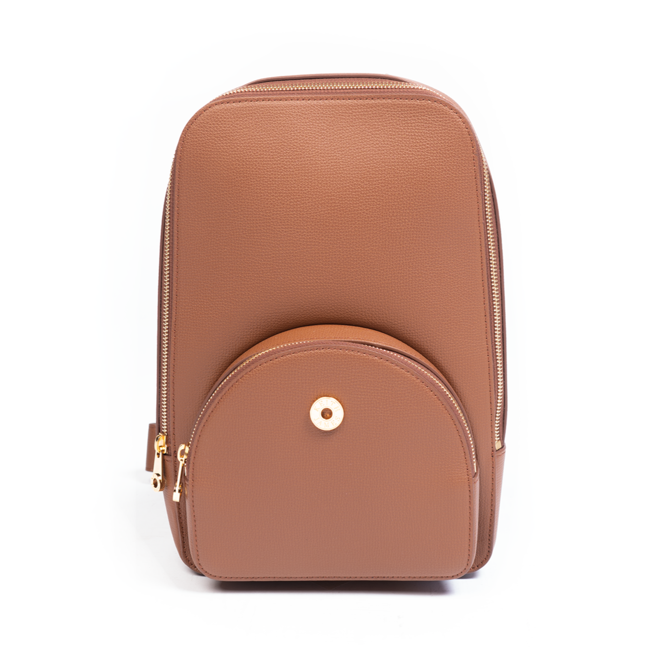 A cocoa brown backpack with a front zipper pocket and adjustable straps.