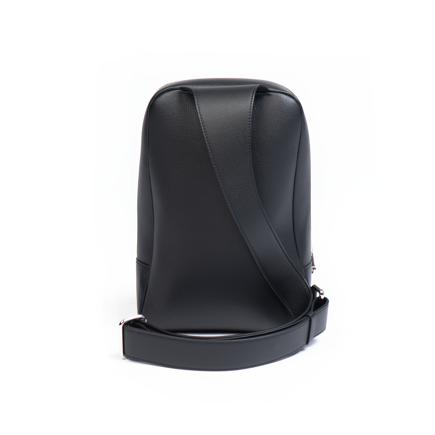 A jet black, leather backpack with a front pocket and a central zipper closure. The backpack features a compact design suitable for personal use.