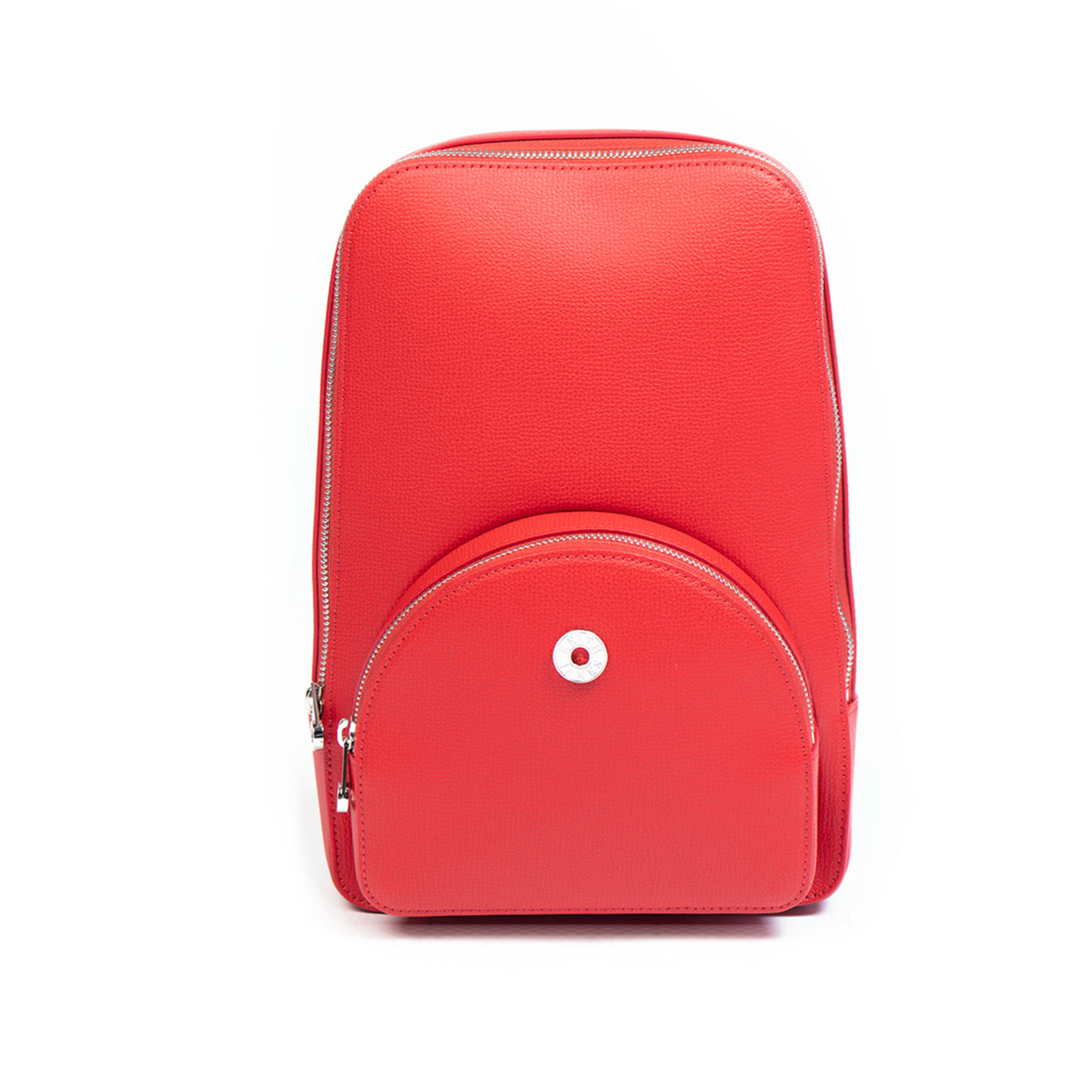 A rose red backpack with a front zipper pocket and adjustable straps on a white background.